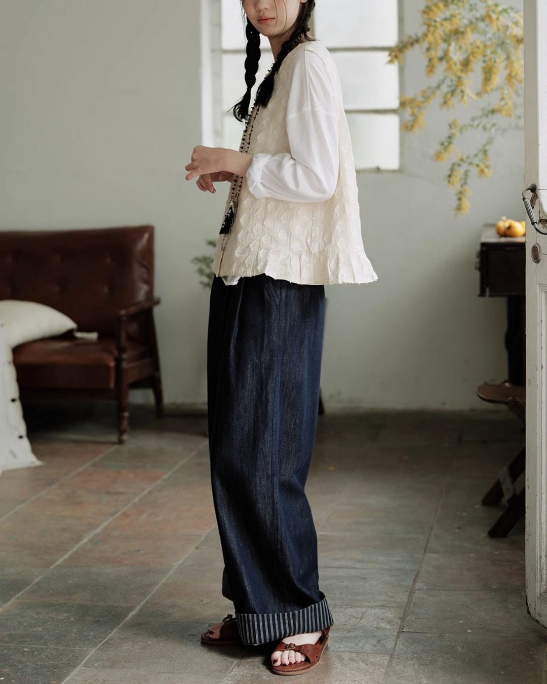 Cotton Linen Jacquard Peplum Vest　VT017
