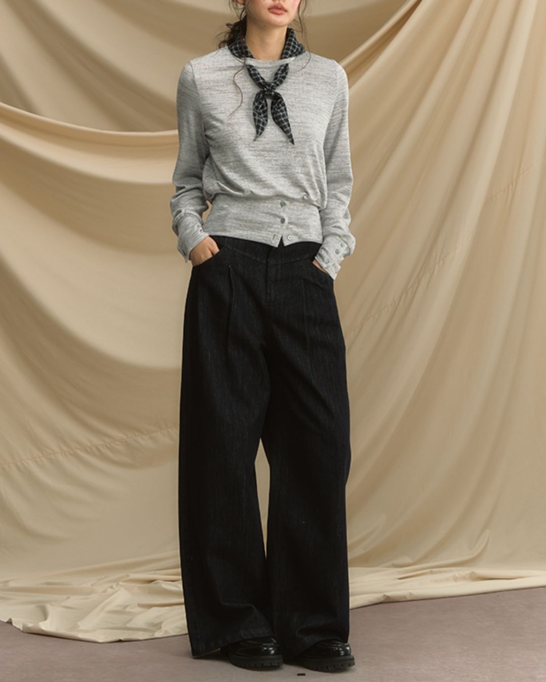 Checkered Scarf Buttoned Top　LT005