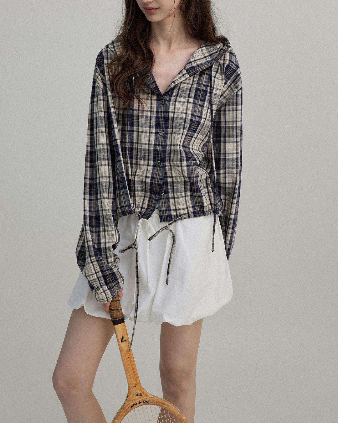 Hooded Drawstring Checked Shirt　LS018