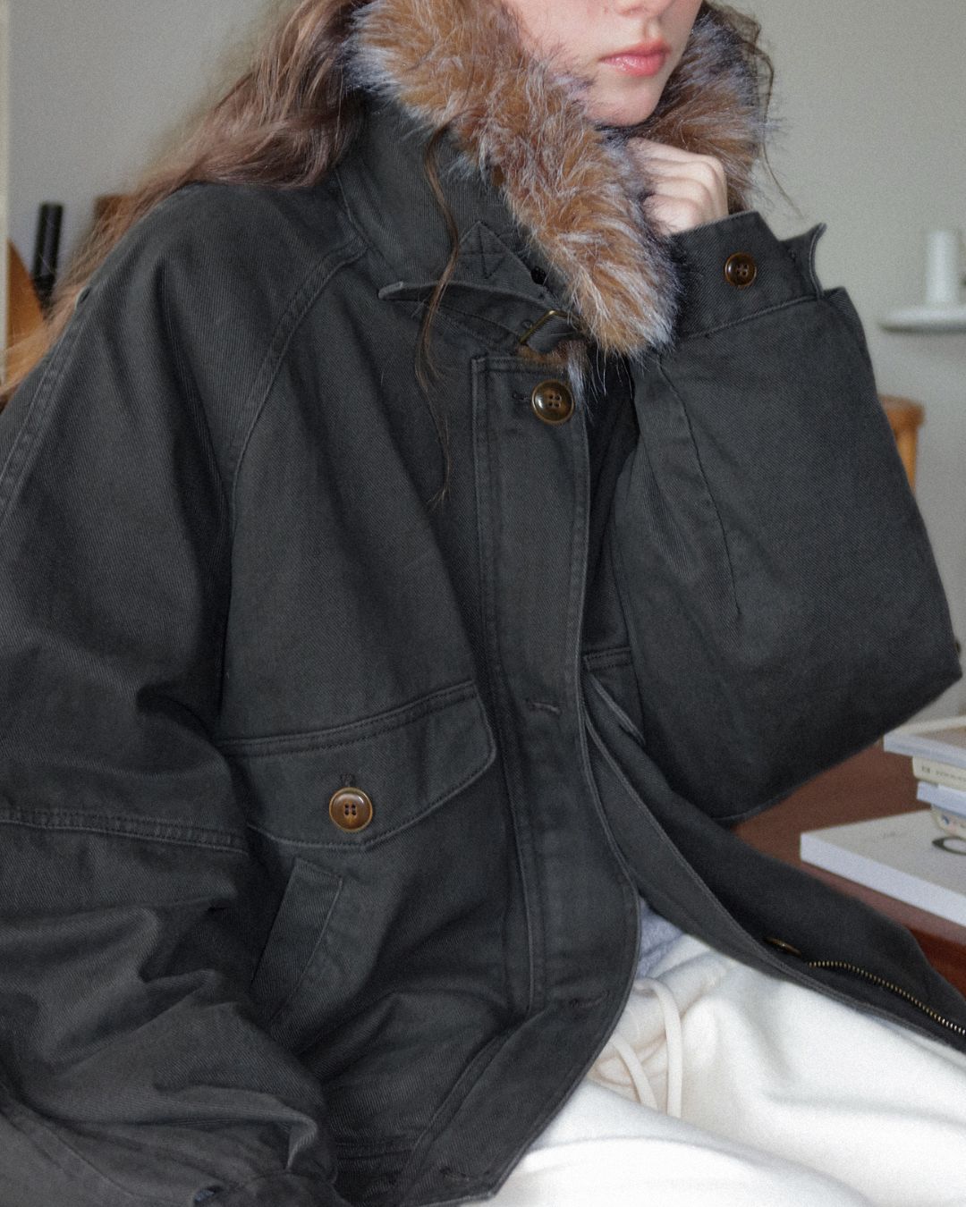Fur Collar Padded Denim Jacket　JK058