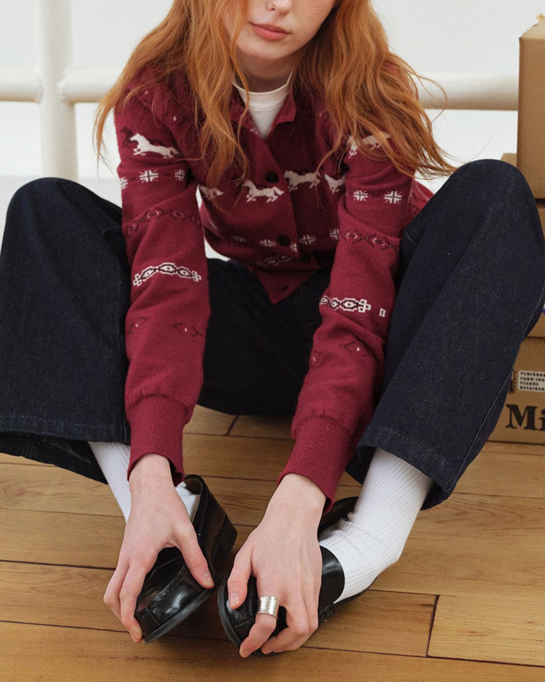 Pony Jacquard Crew Neck Knit Cardigan　KN097
