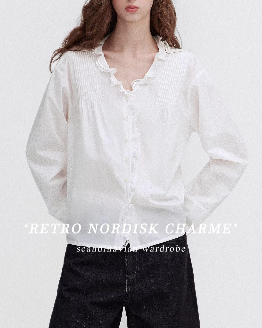 Frilled V-neck Lace Embroidered Shirt　LS067