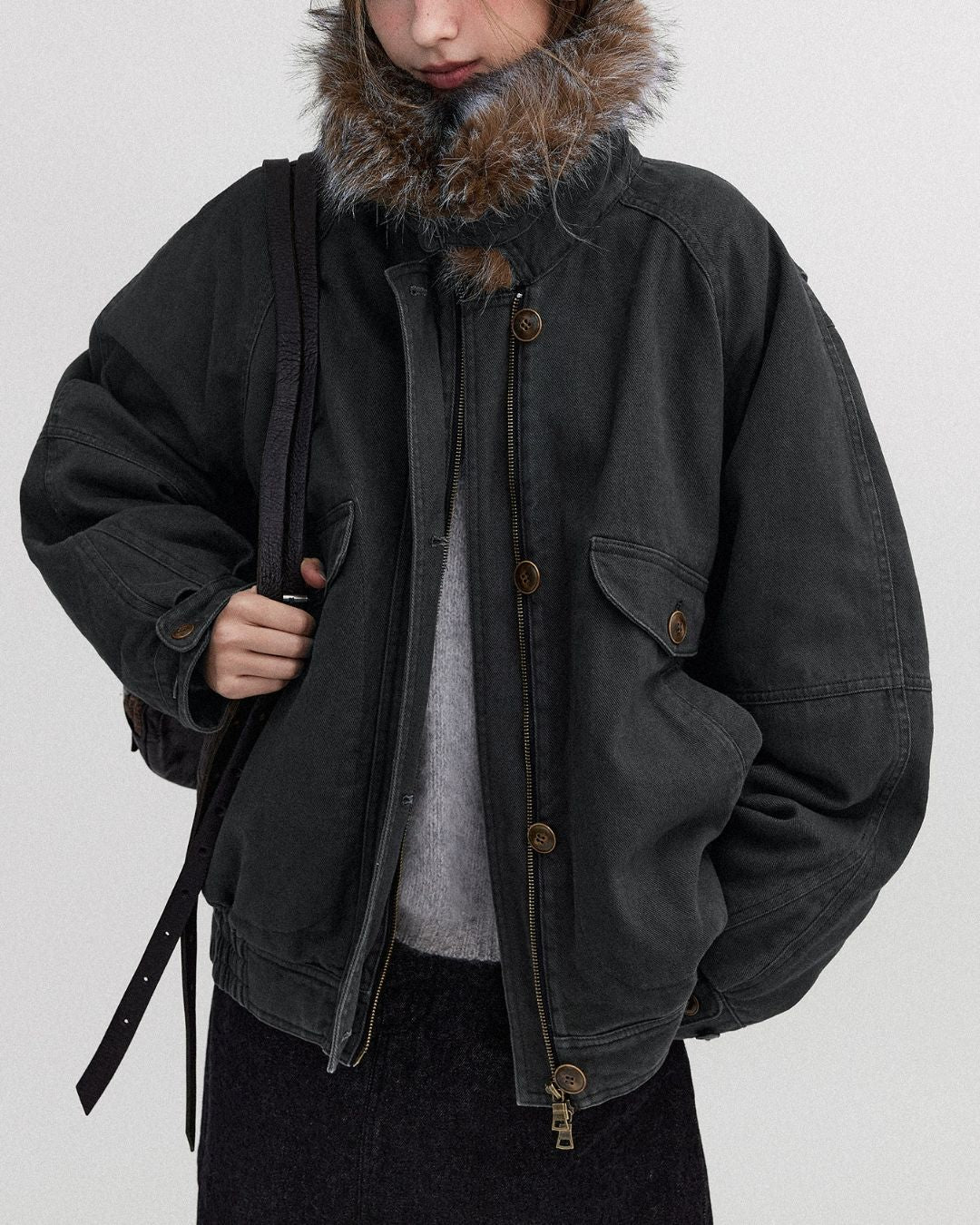 Fur Collar Padded Denim Jacket　JK058