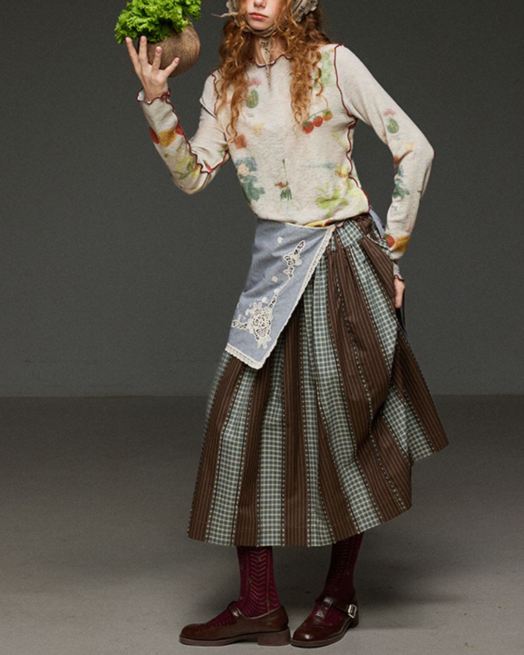 Check And Striped Contrast Color Skirt　SK007