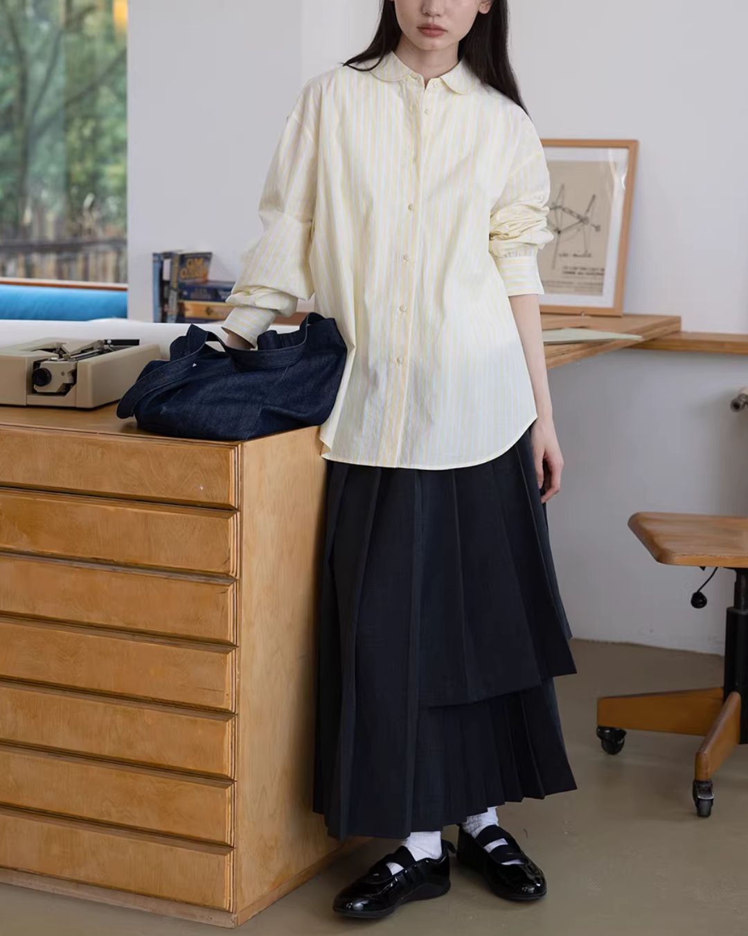 Round-collar Loose Striped Shirt　LS063