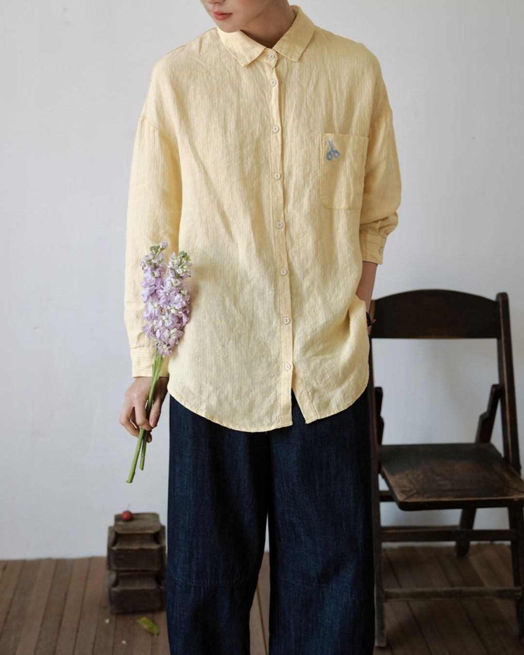 Drop Shoulder Striped Linen Shirt　LS042