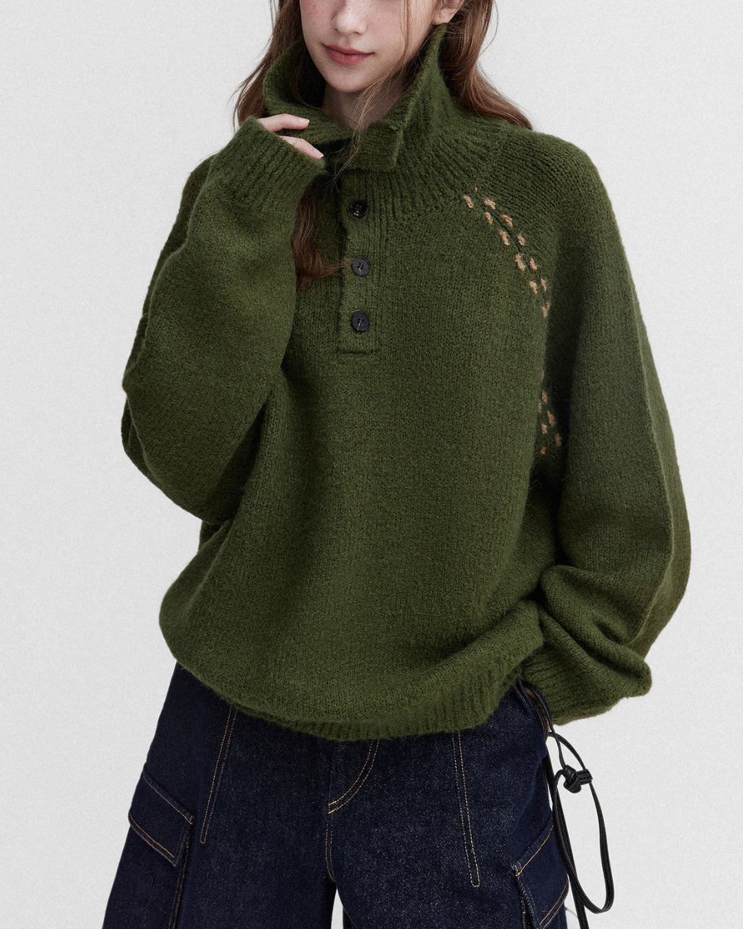 Contrast Stitch Half Open Collar Knit　KN085