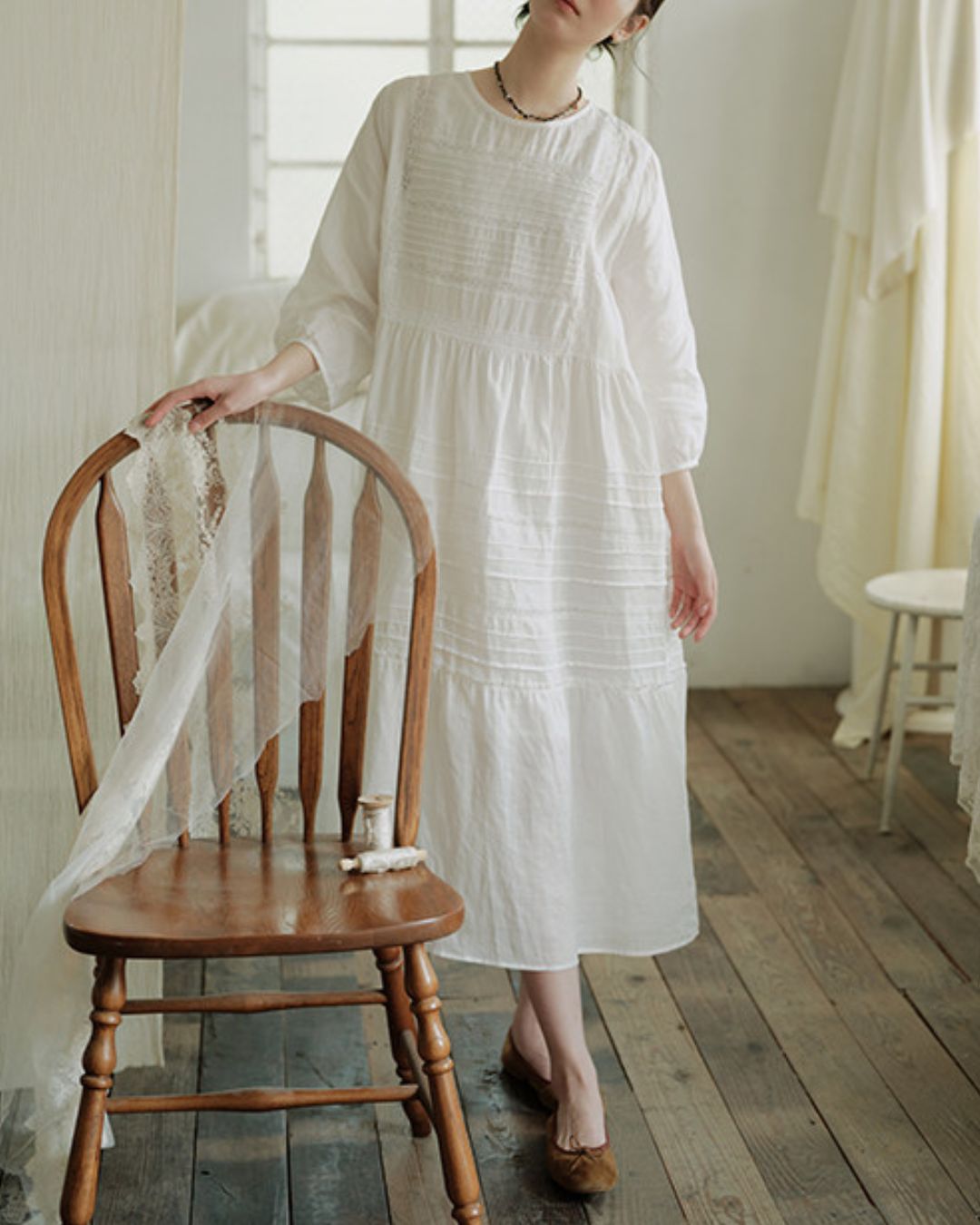 Round Neck 3/4 Sleeve Ramie Dress　OP004