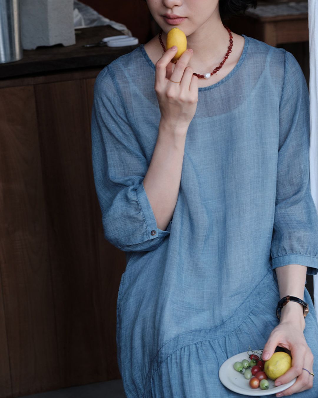 Ramie Drawstring A-Line Dress　OP005