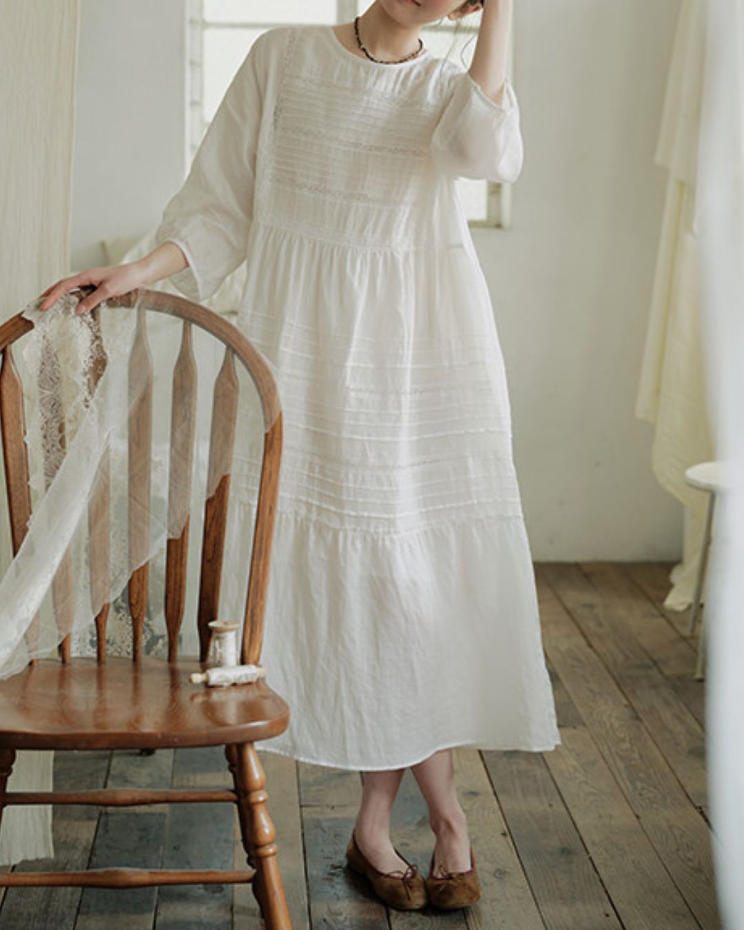 Round Neck 3/4 Sleeve Ramie Dress　OP004