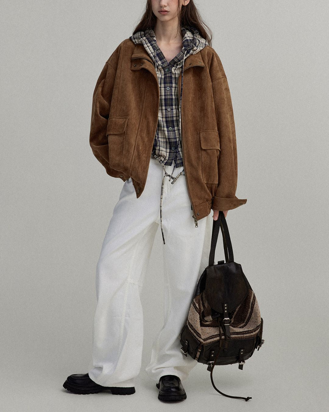 Hooded Drawstring Checked Shirt　LS018