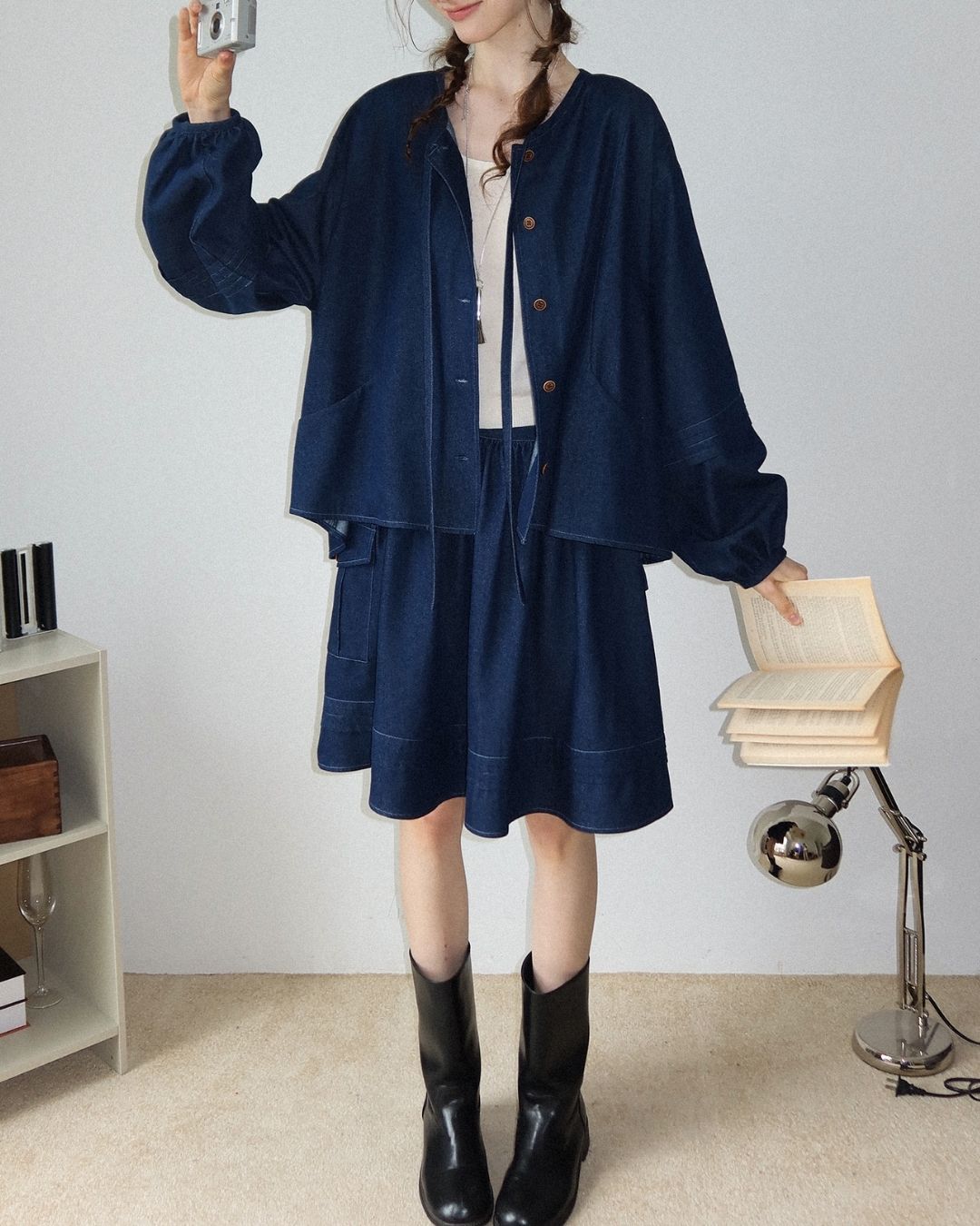 A-line Pleated Shirt ＆ Knee-length Skirt　LS011