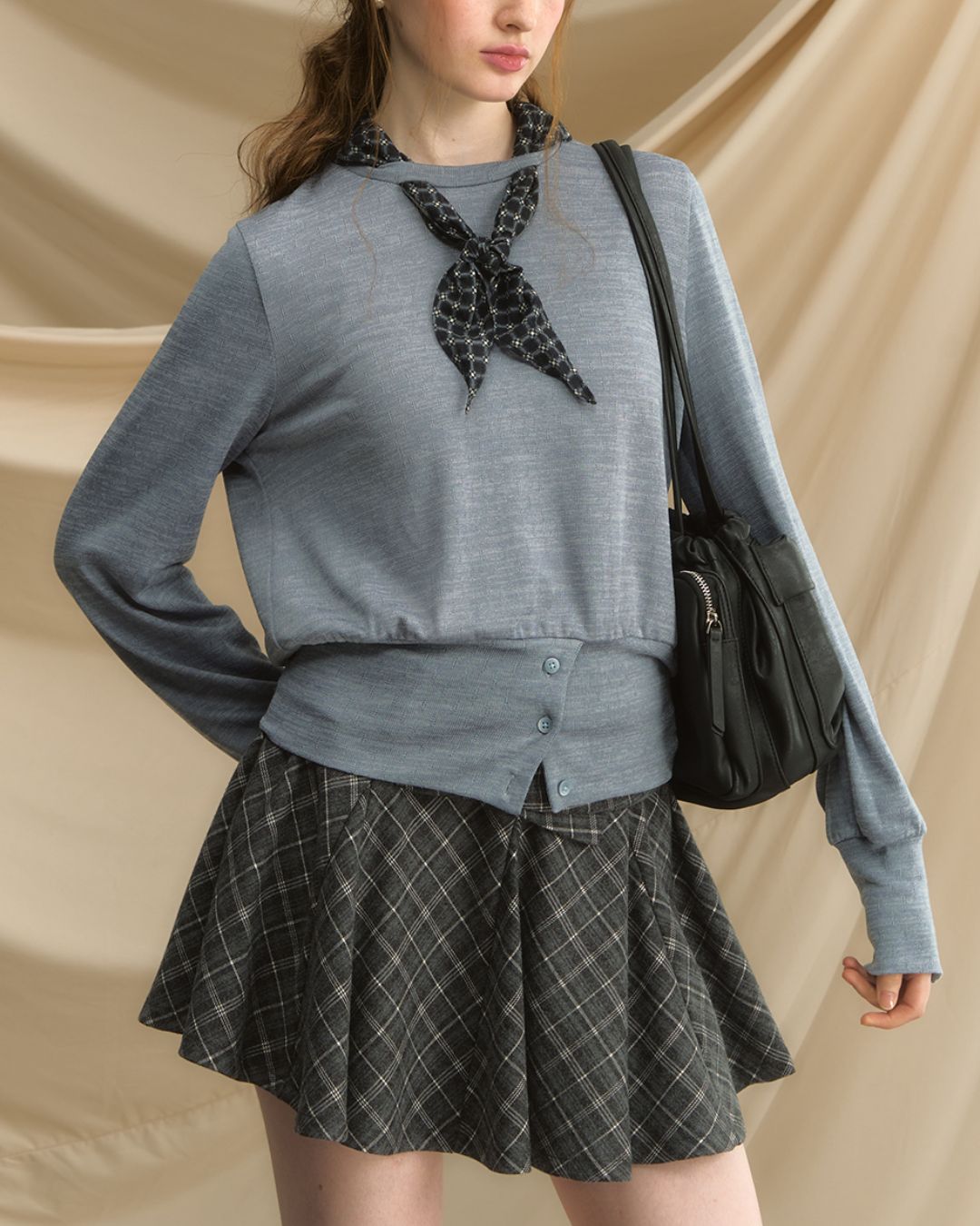 Checkered Scarf Buttoned Top　LT005