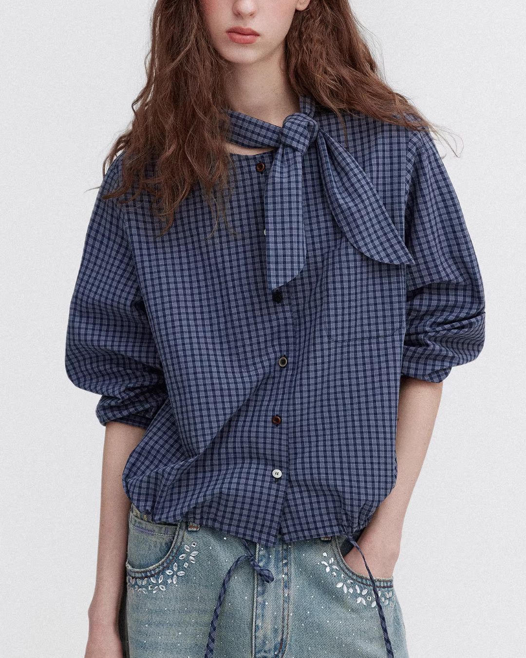 Bow Tie Ribbon Check Shirt　LS068