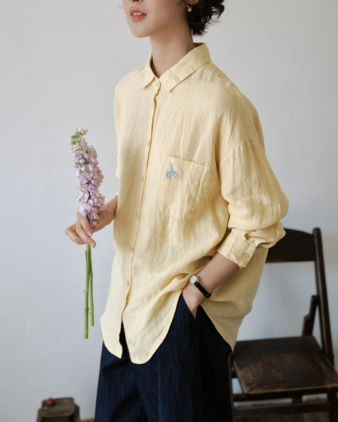 Drop Shoulder Striped Linen Shirt　LS042