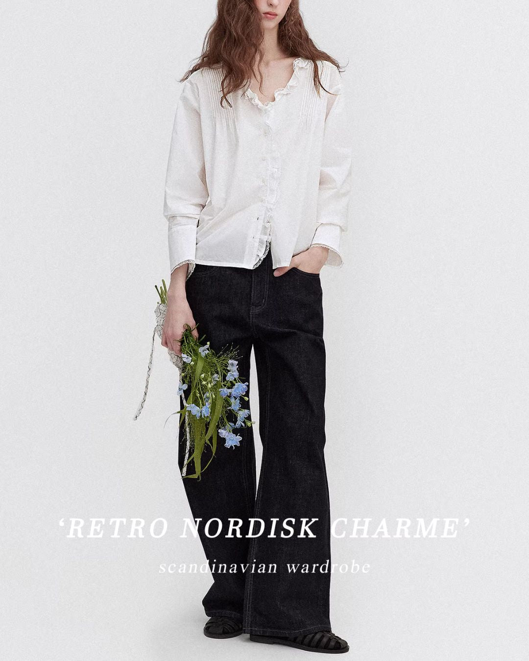 Frilled V-neck Lace Embroidered Shirt　LS067