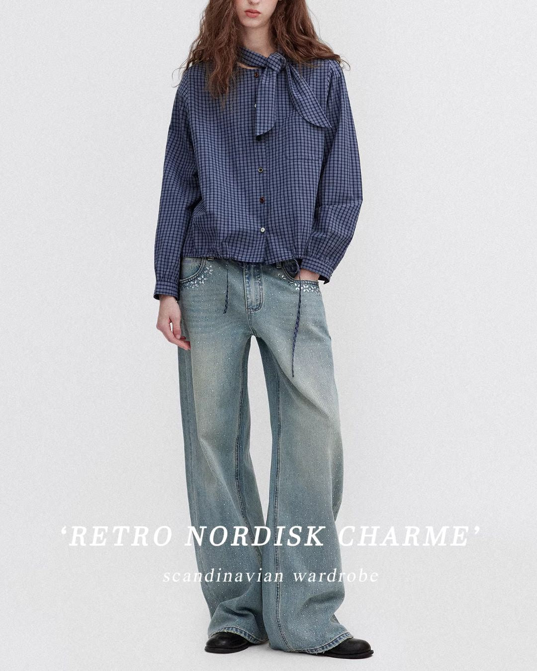 Bow Tie Ribbon Check Shirt　LS068