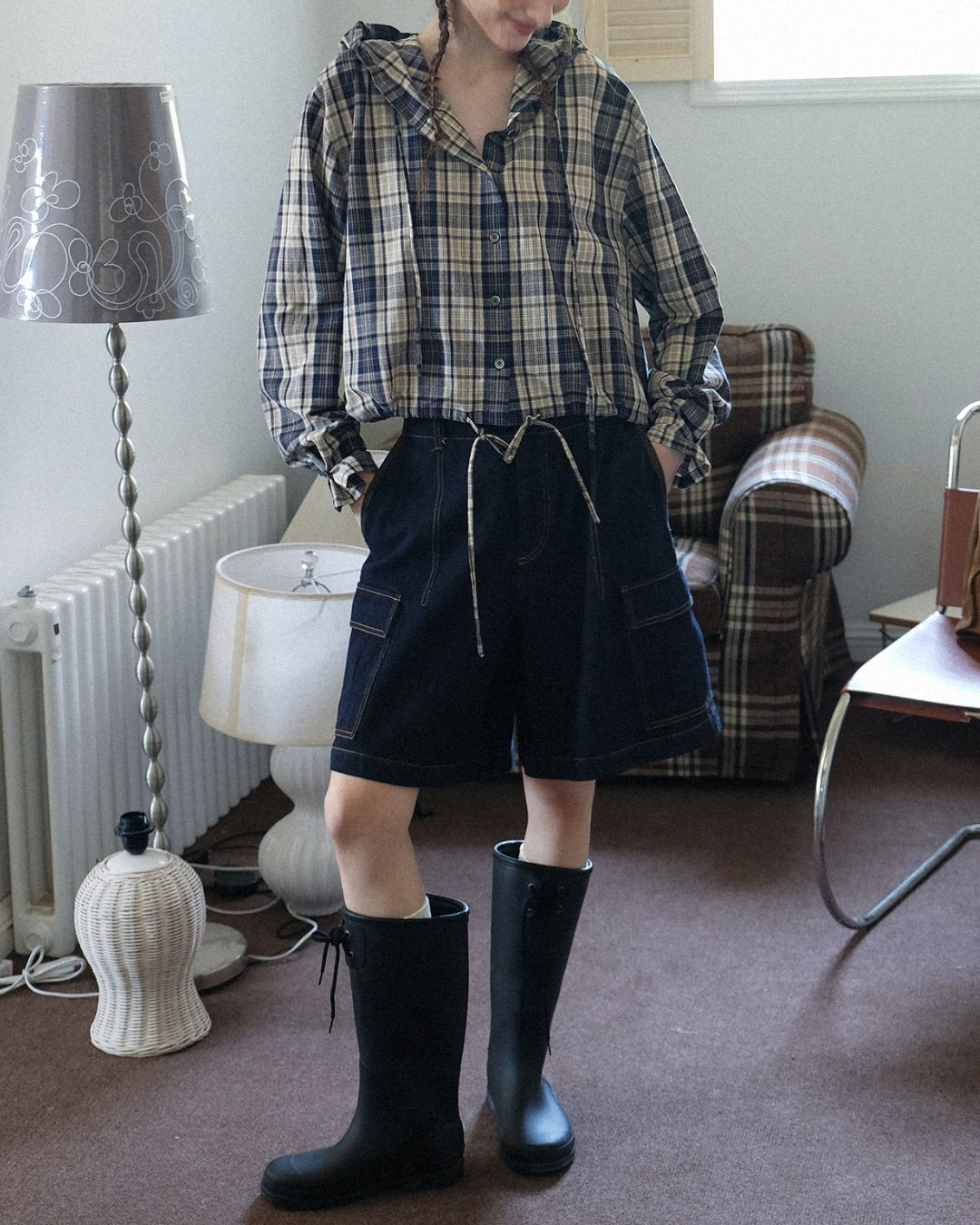 Hooded Drawstring Checked Shirt　LS018