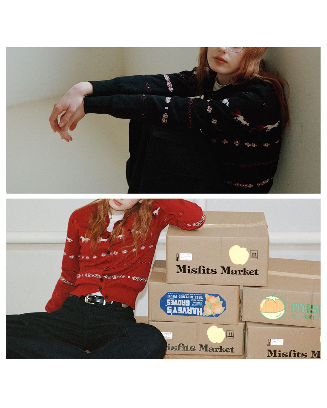 Pony Jacquard Crew Neck Knit Cardigan　KN097