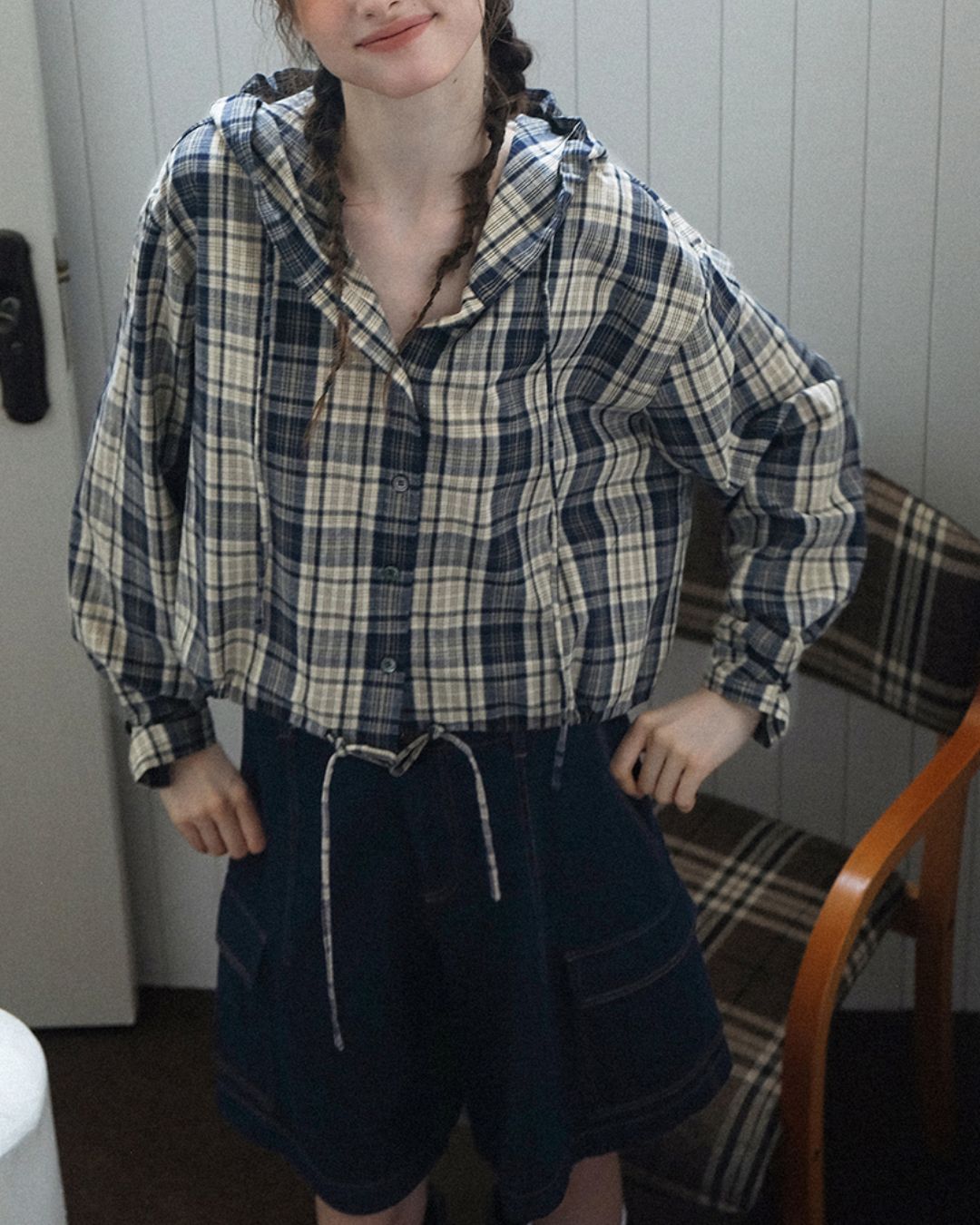 Hooded Drawstring Checked Shirt　LS018