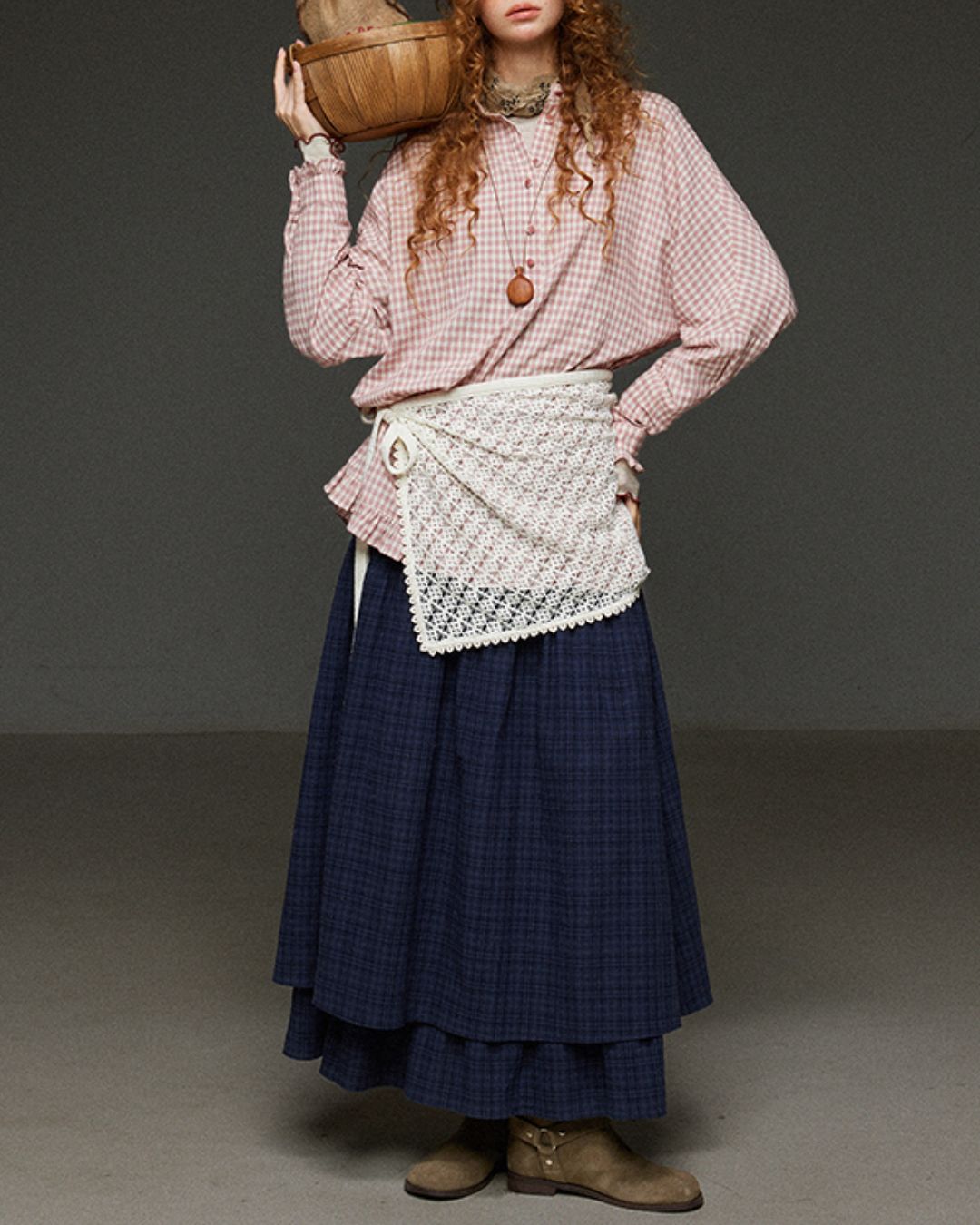 Pink Checked Ruffle Shirt　LS027