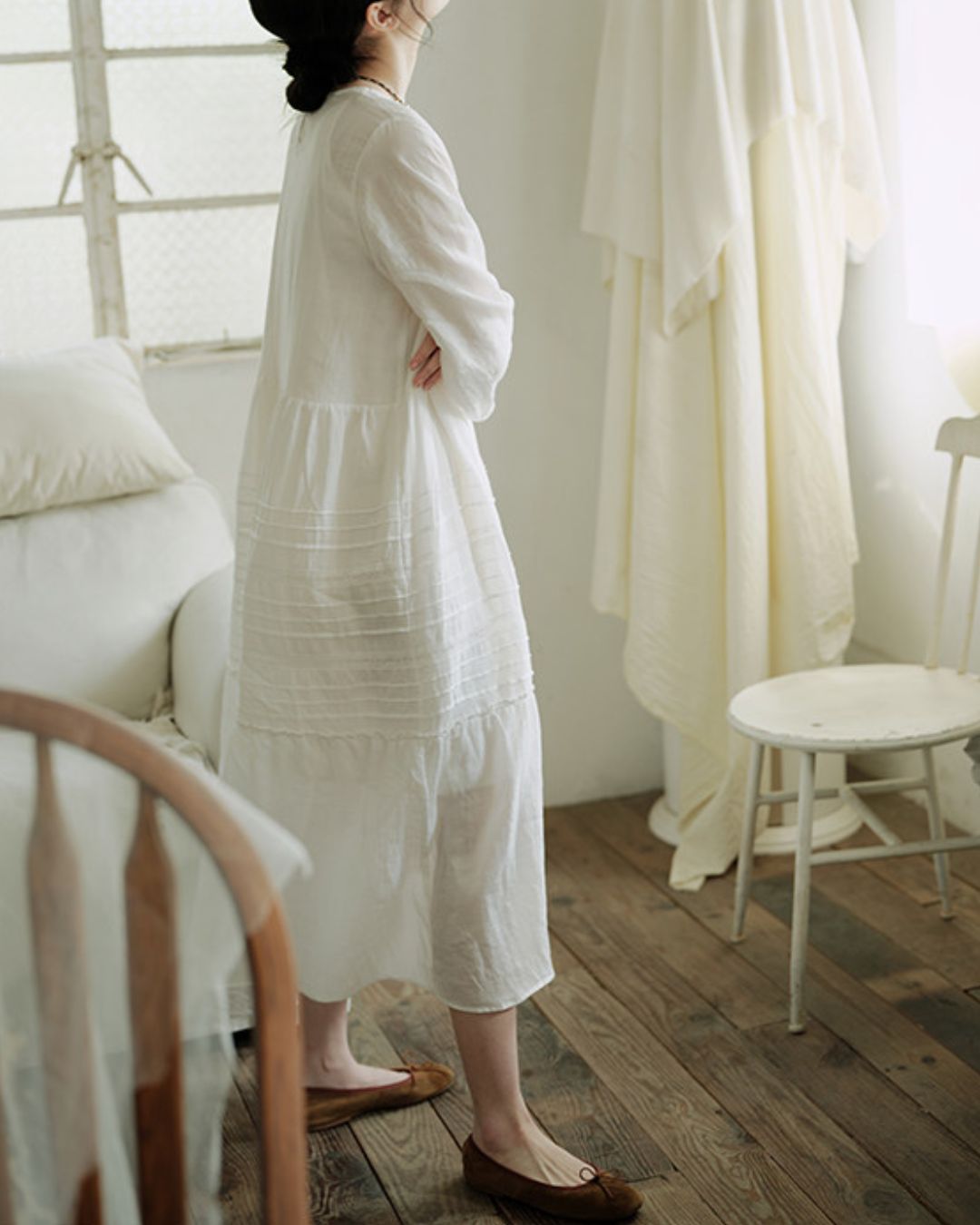 Round Neck 3/4 Sleeve Ramie Dress　OP004