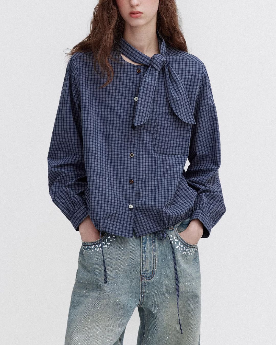 Bow Tie Ribbon Check Shirt　LS068