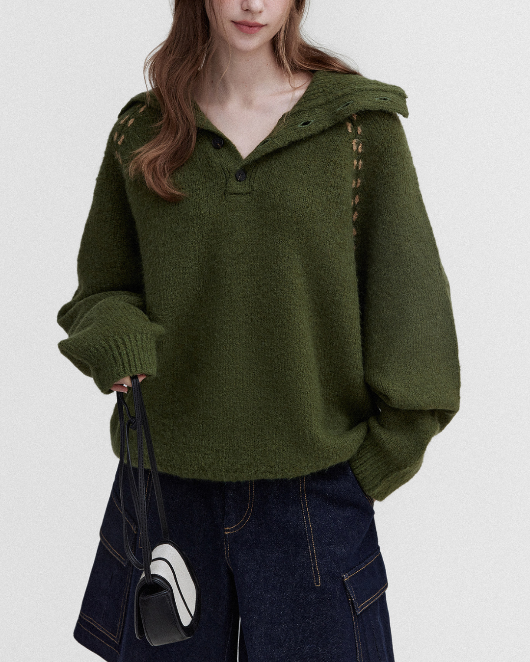 Contrast Stitch Half Open Collar Knit　KN085