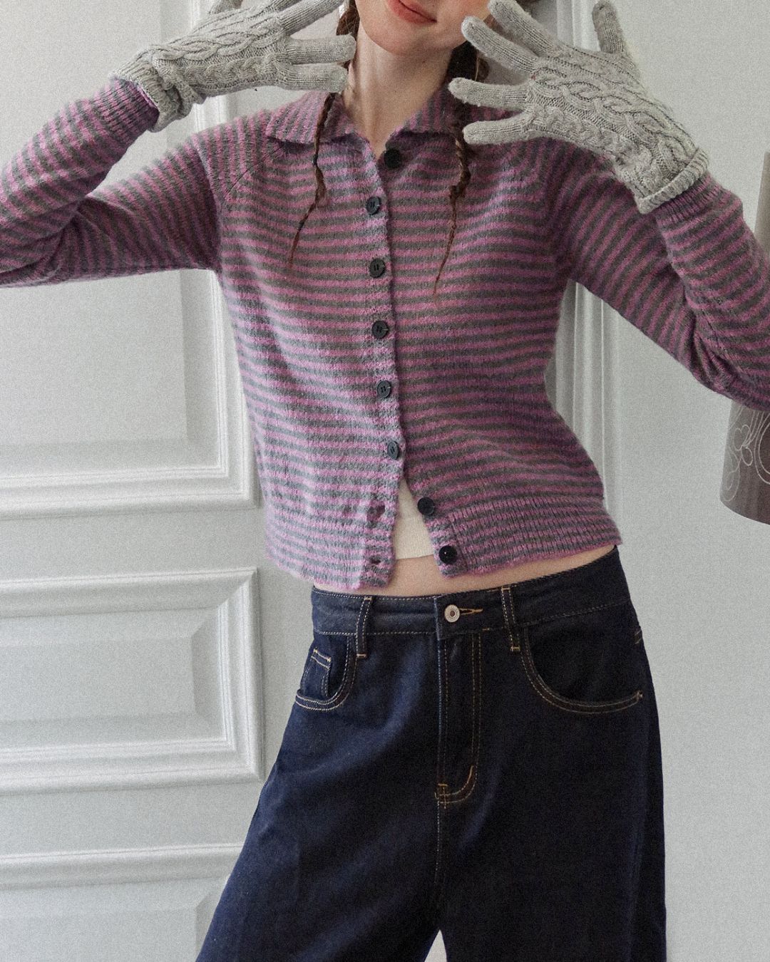 Collared Border Knit Cardigan　KN020