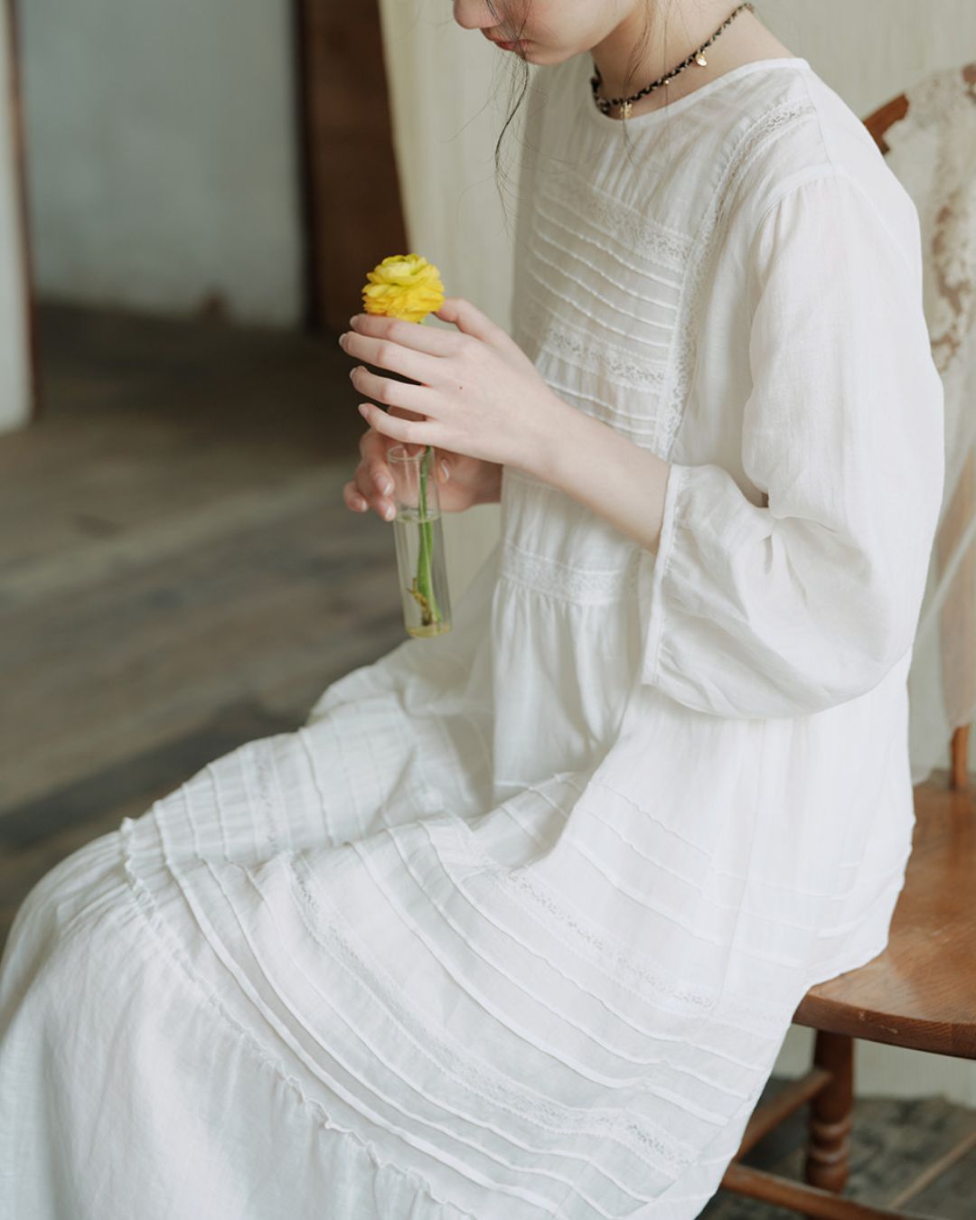 Round Neck 3/4 Sleeve Ramie Dress　OP004