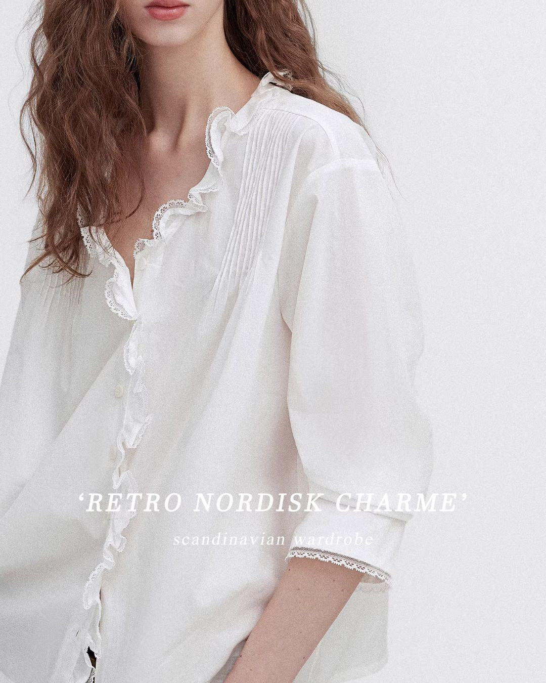 Frilled V-neck Lace Embroidered Shirt　LS067