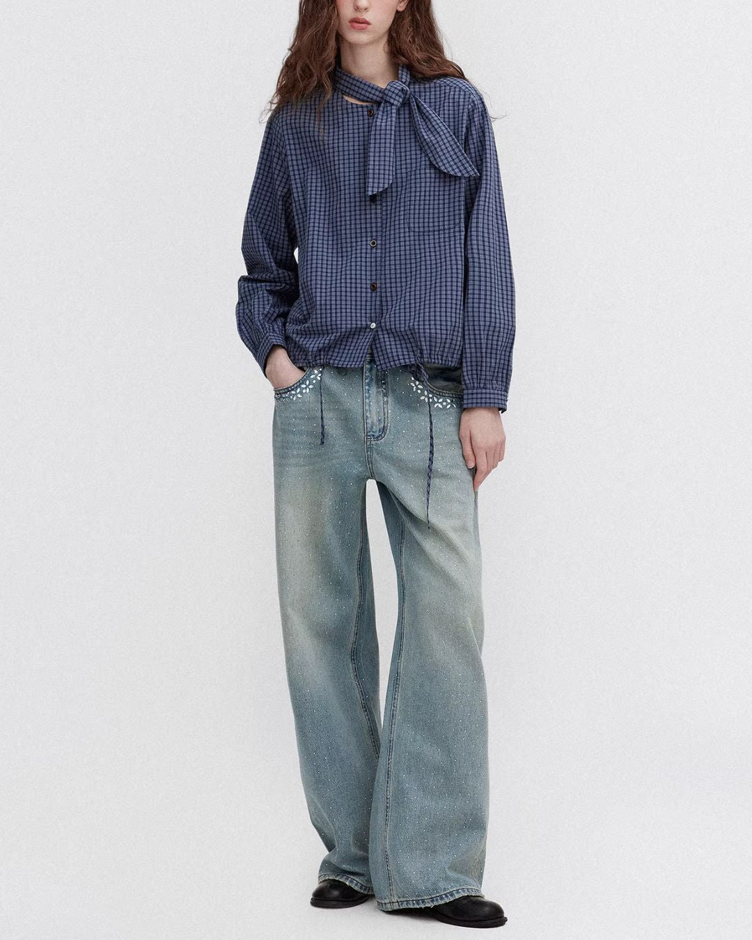 Bow Tie Ribbon Check Shirt　LS068