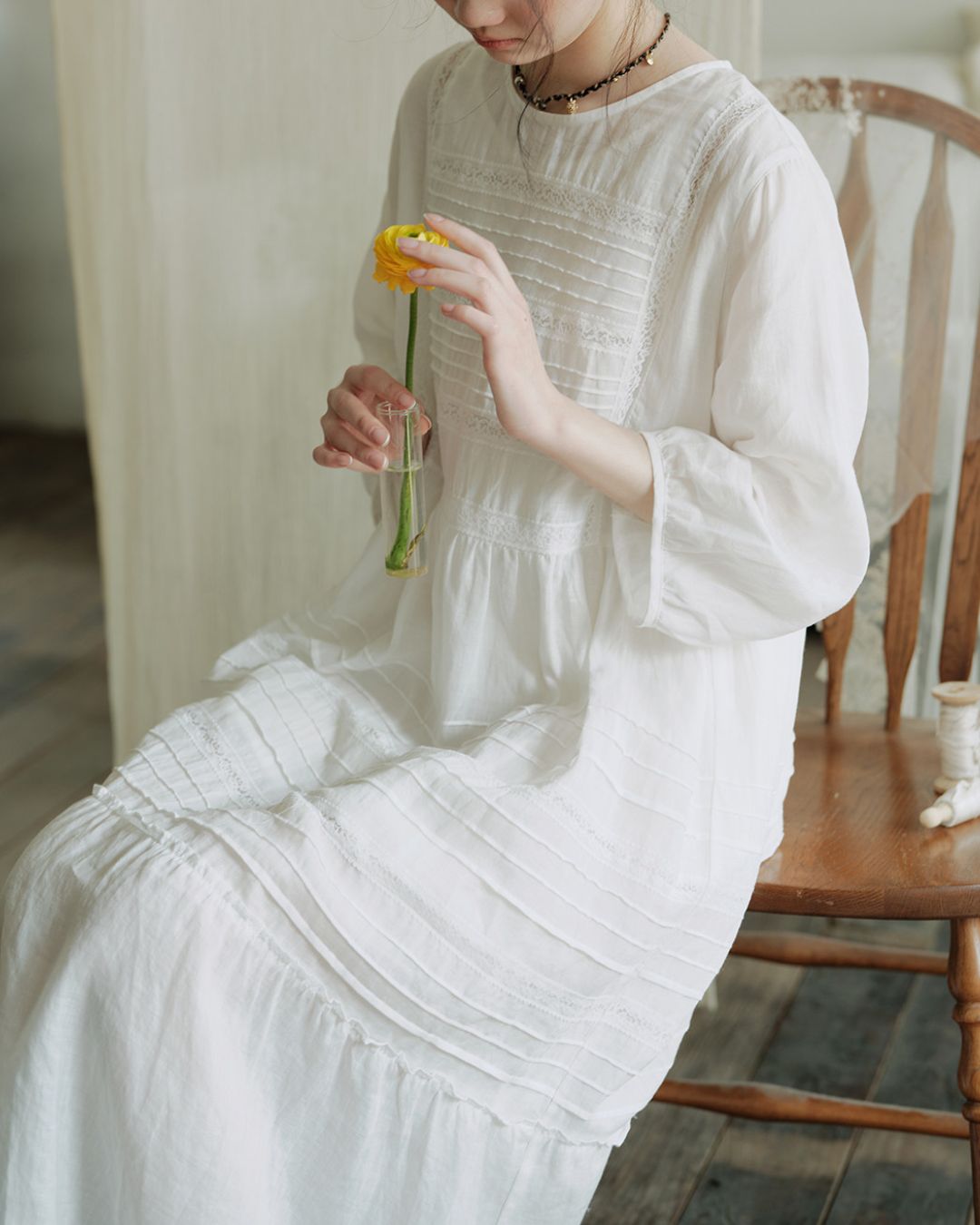 Round Neck 3/4 Sleeve Ramie Dress　OP004