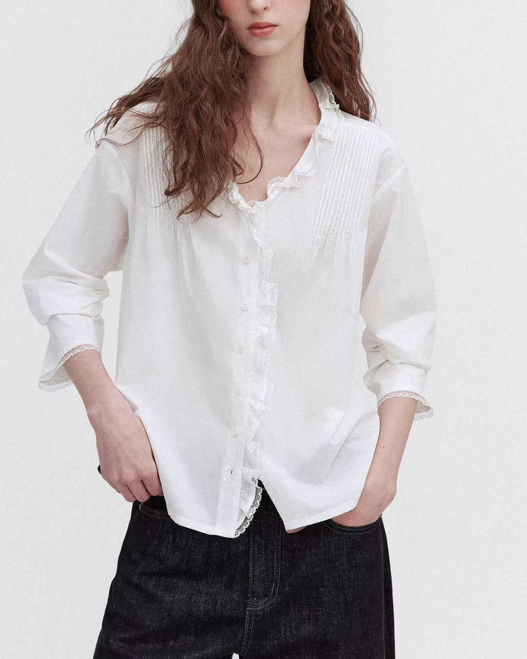 Frilled V-neck Lace Embroidered Shirt　LS067