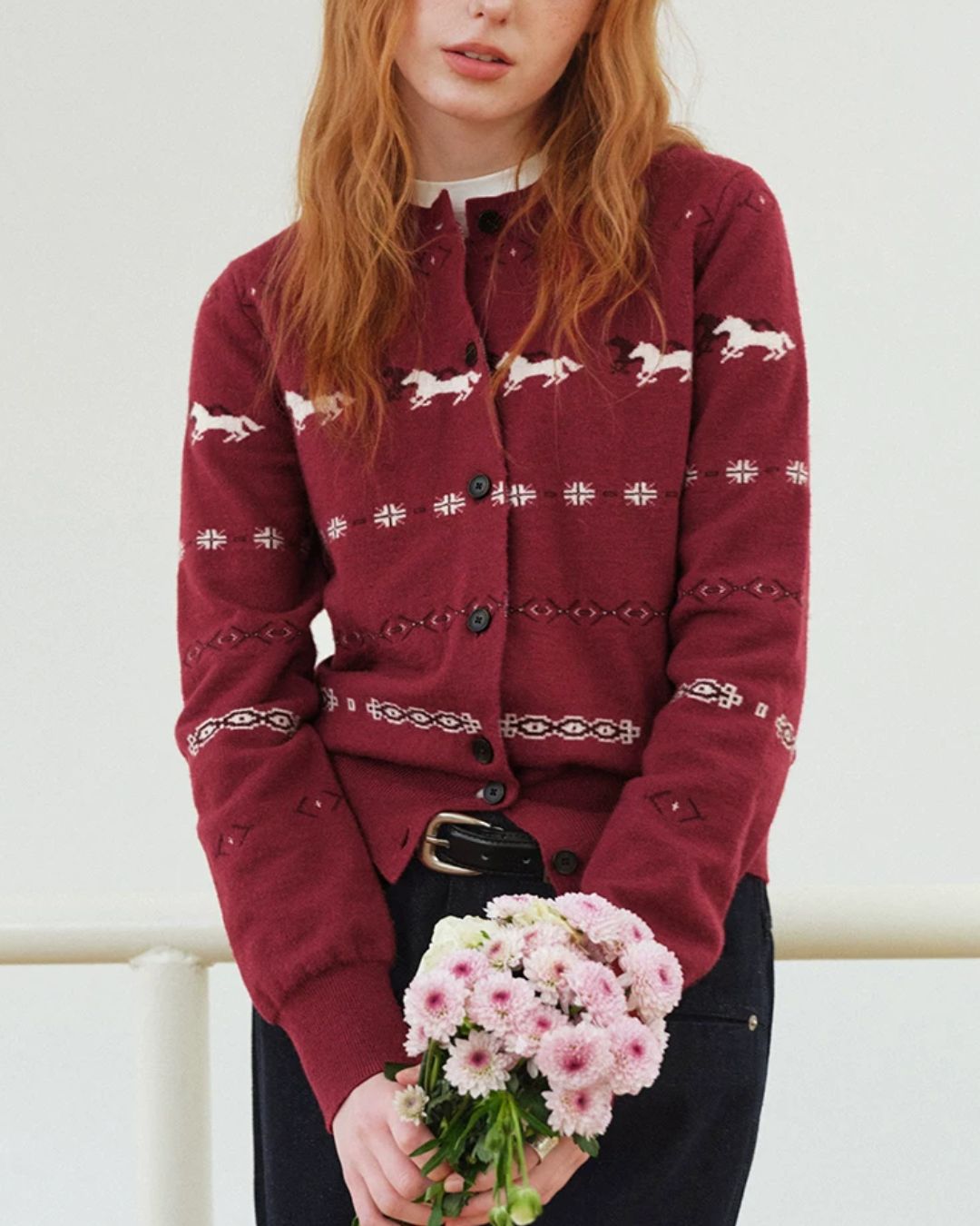 Pony Jacquard Crew Neck Knit Cardigan　KN097