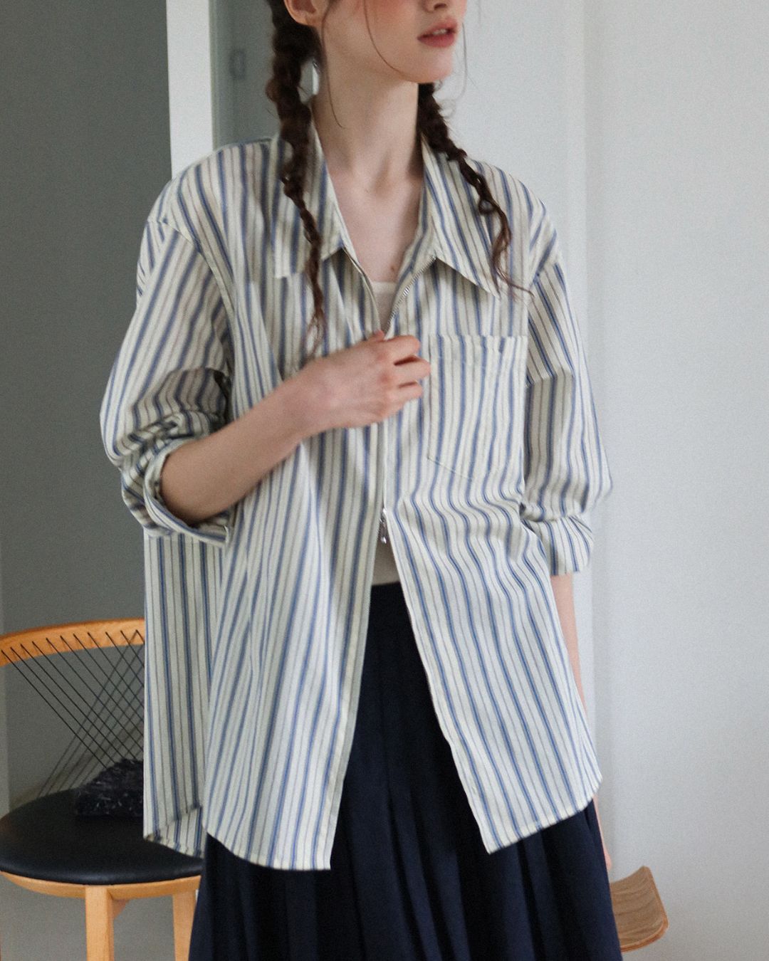 Double Zipper Striped Shirt　LS014