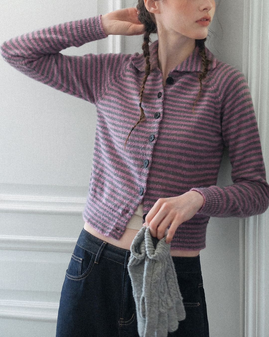 Collared Border Knit Cardigan　KN020