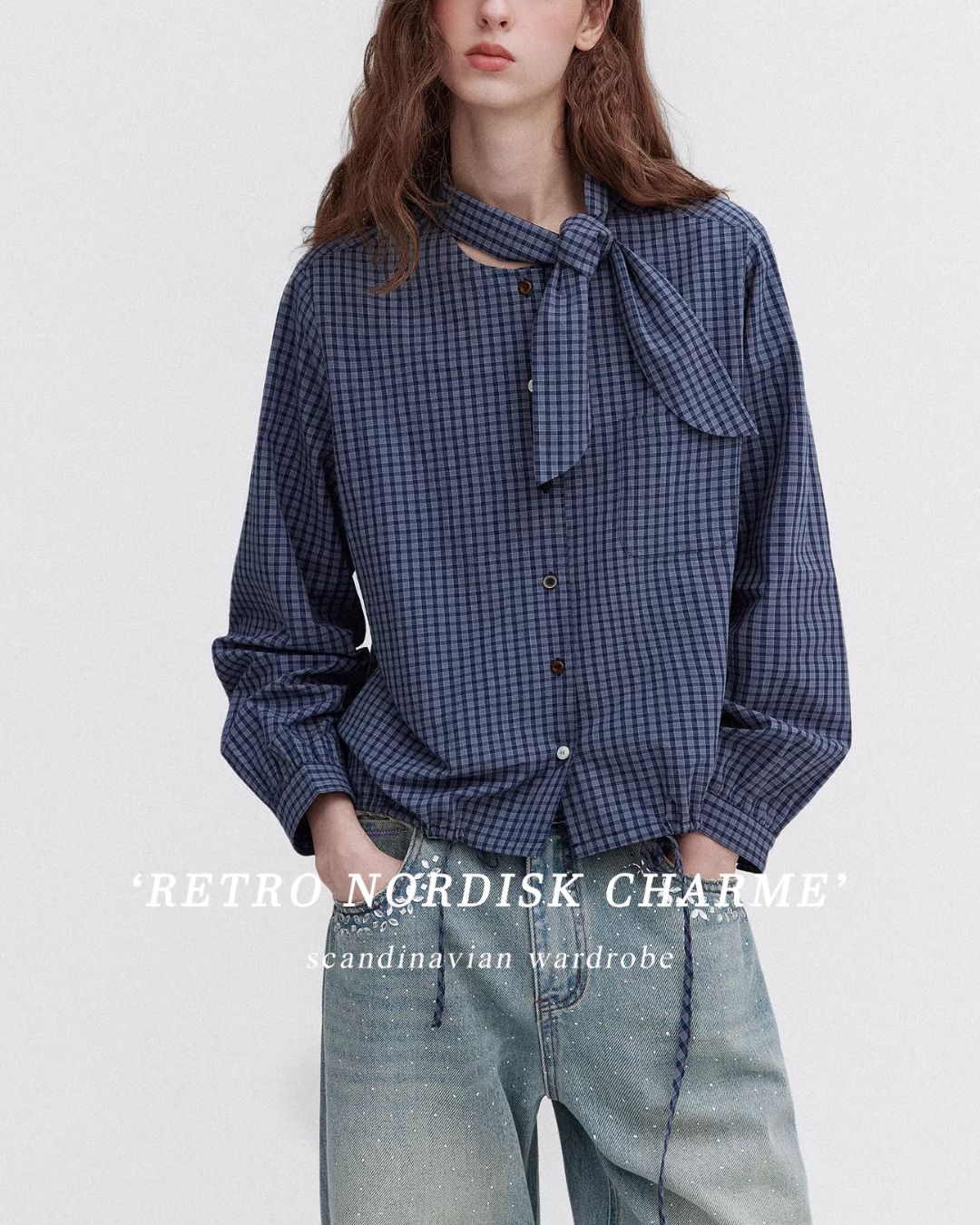 Bow Tie Ribbon Check Shirt　LS068