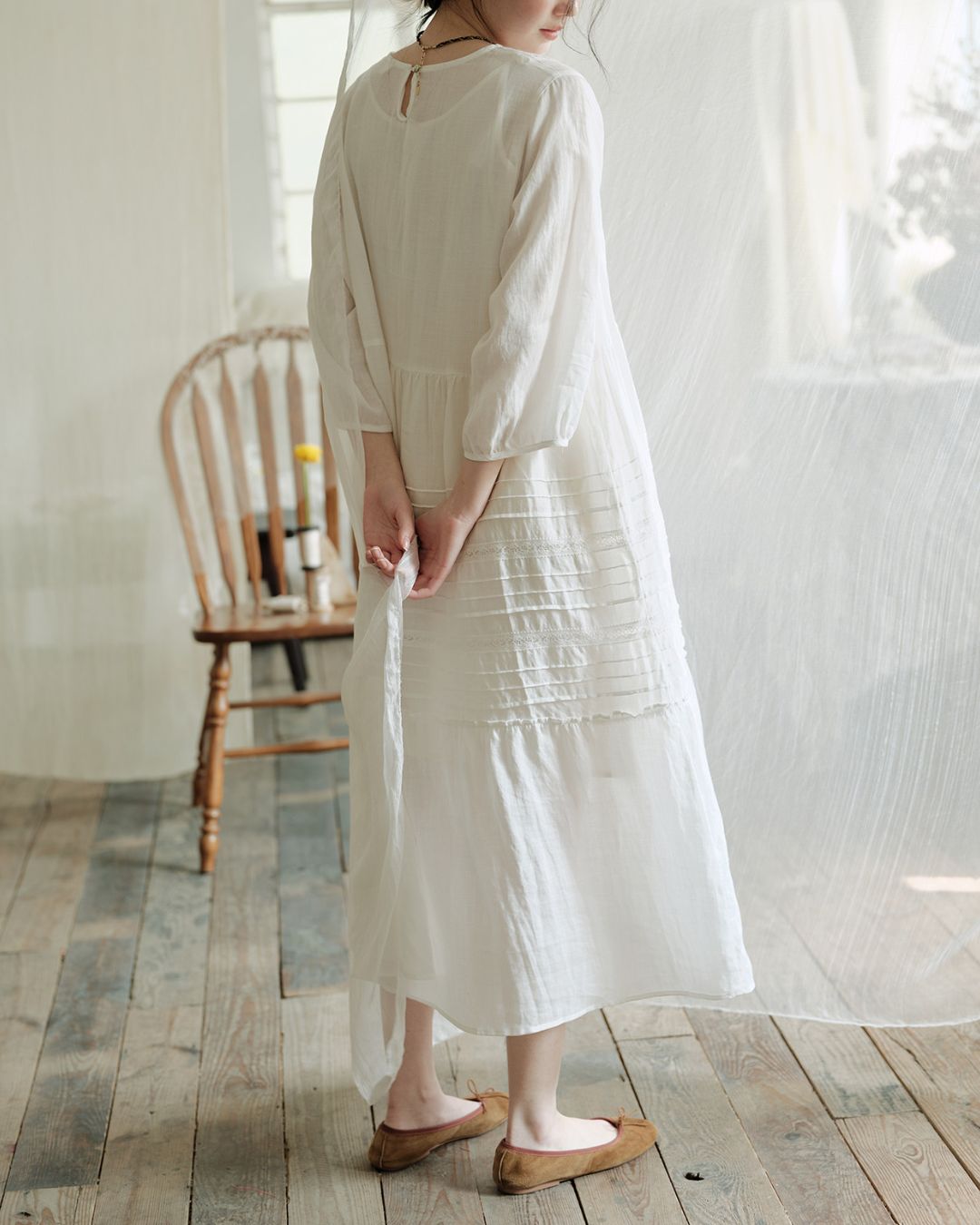 Round Neck 3/4 Sleeve Ramie Dress　OP004