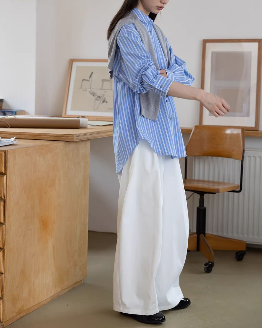 Round-collar Loose Striped Shirt　LS063