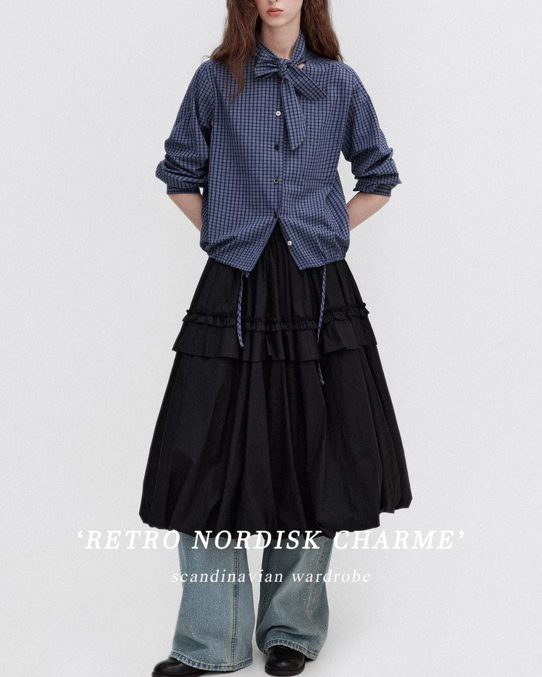 Bow Tie Ribbon Check Shirt　LS068