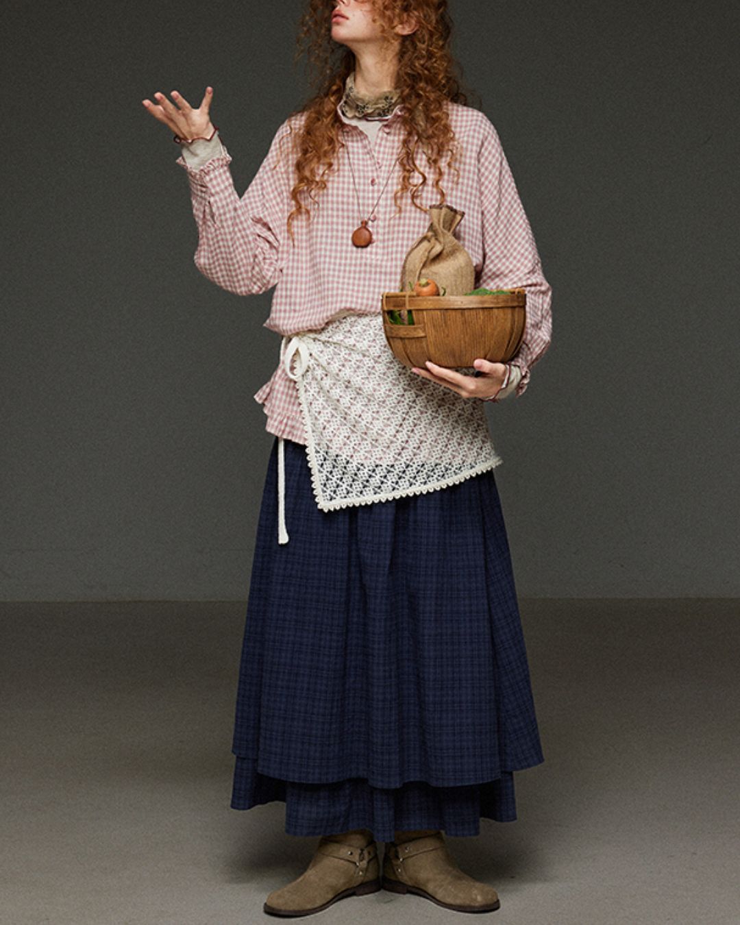 Pink Checked Ruffle Shirt　LS027