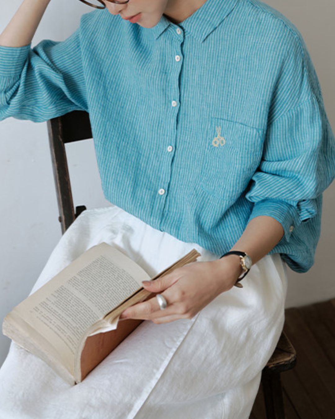 Drop Shoulder Striped Linen Shirt　LS042