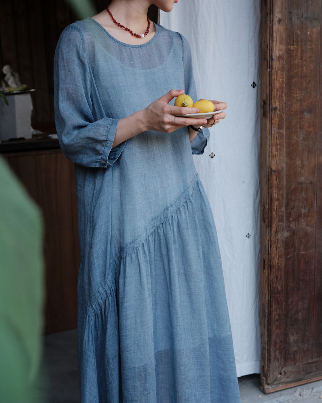Ramie Drawstring A-Line Dress　OP005