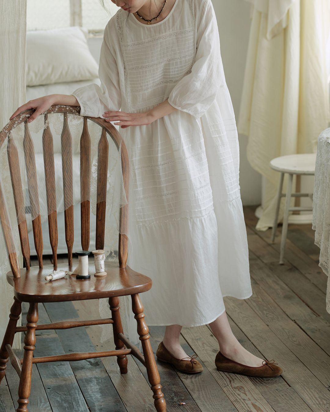 Round Neck 3/4 Sleeve Ramie Dress　OP004