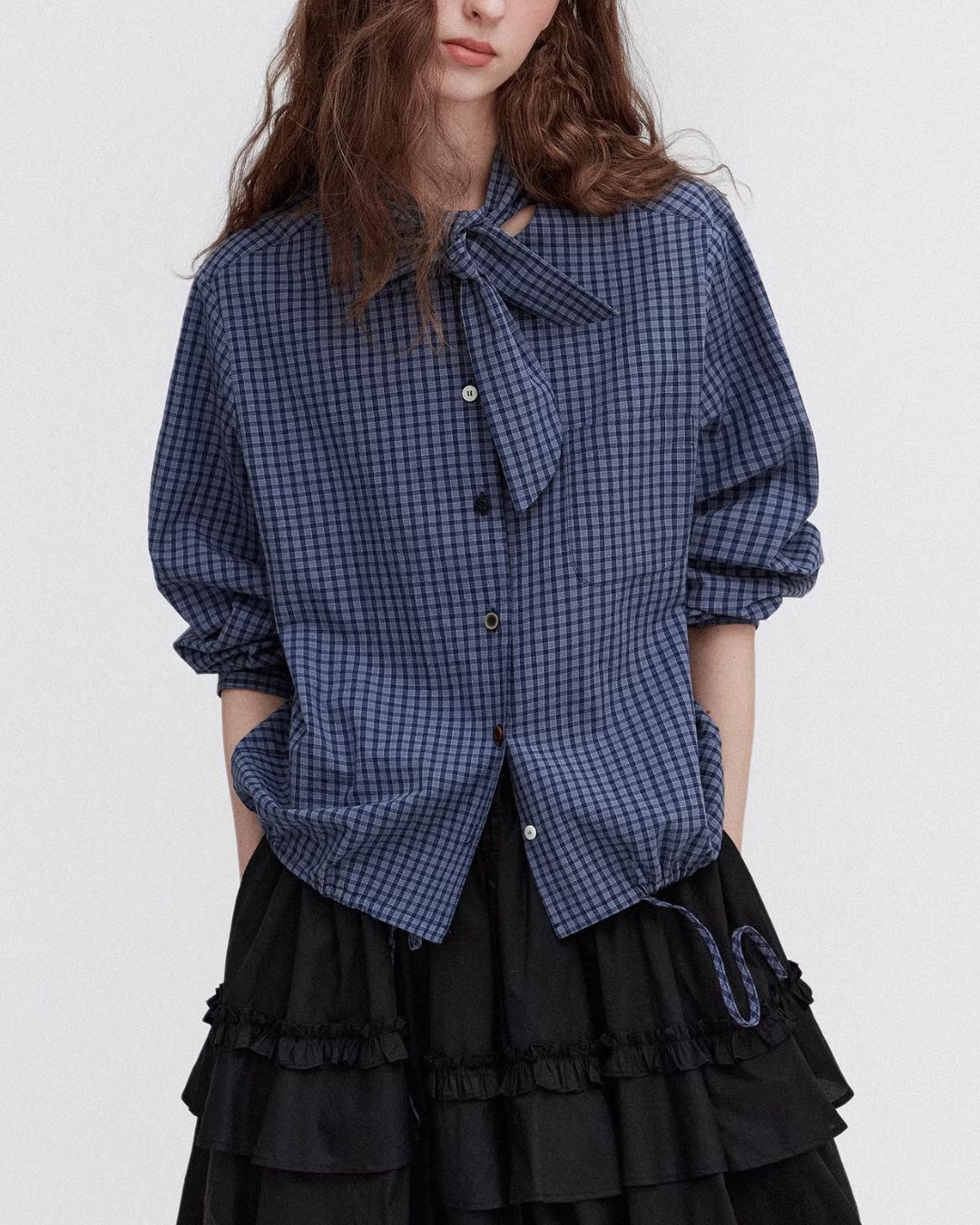 Bow Tie Ribbon Check Shirt　LS068
