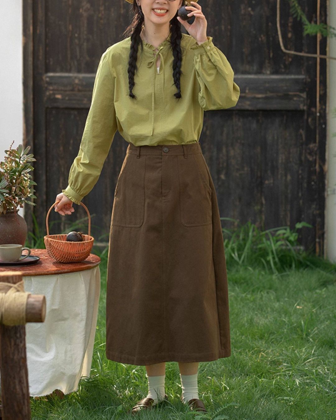 Cotton A-line Midi Skirt　SK020