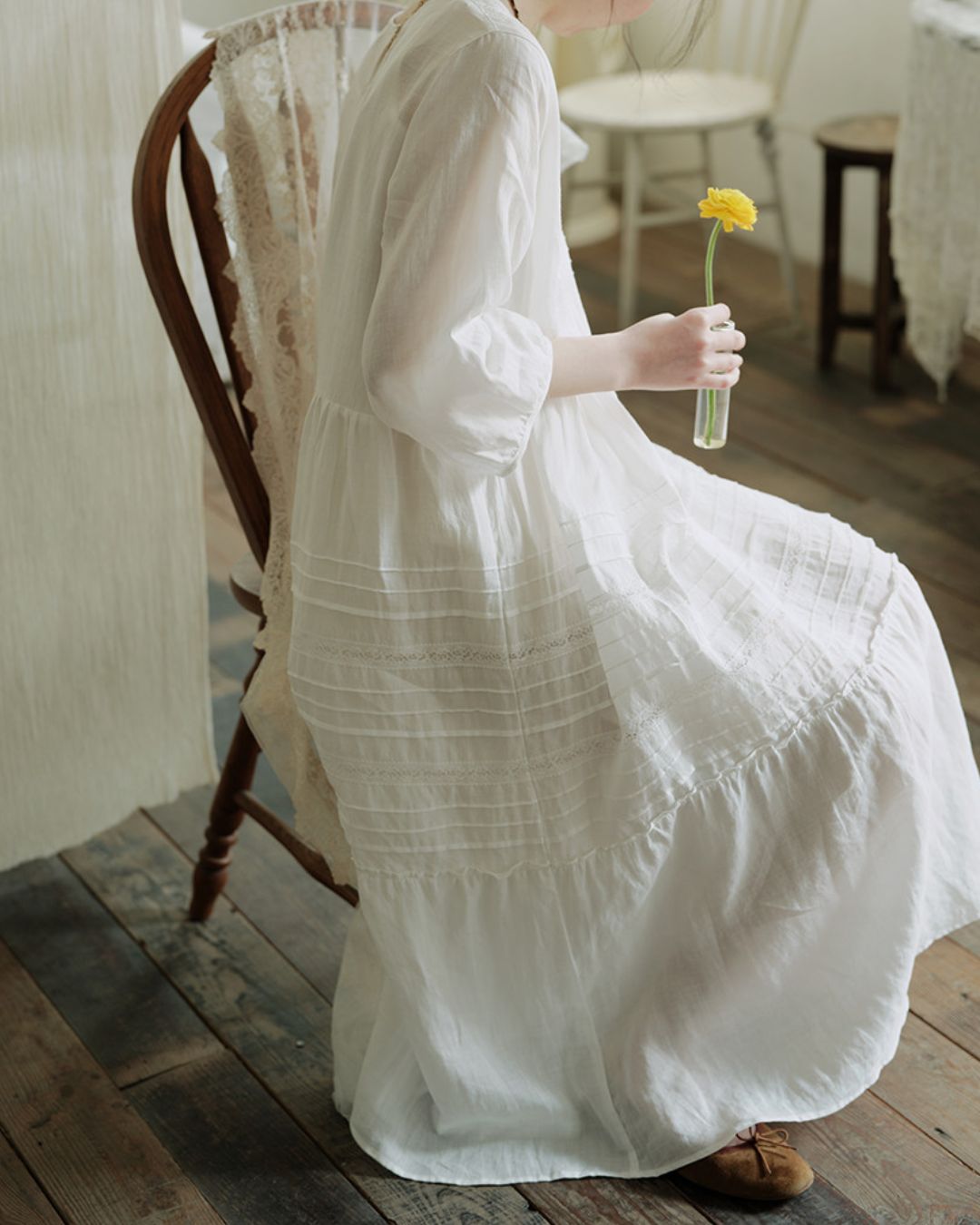 Round Neck 3/4 Sleeve Ramie Dress　OP004