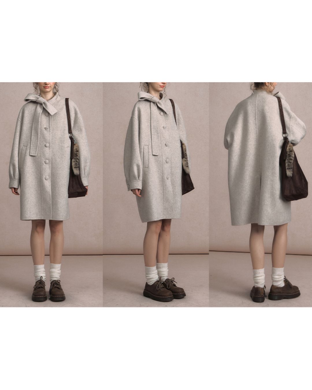 Bow-tied Pleated Cuff Wool Coat　CT026