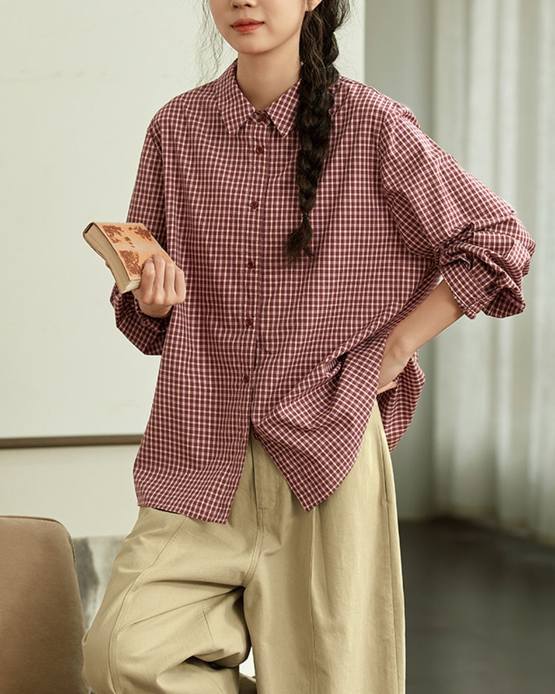 Red Cotton Checked Shirt　LS040